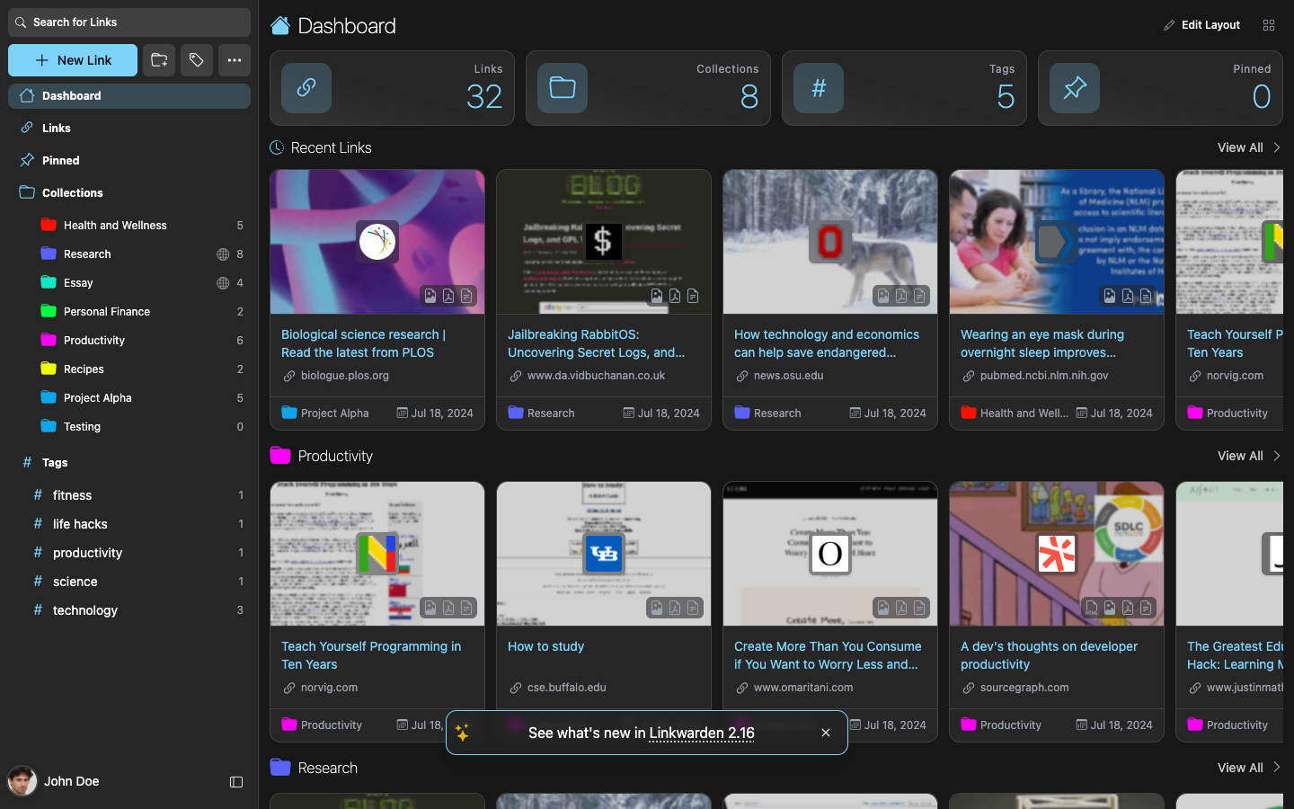 La dashboard di Linkwarden sull’istanza demo pubblica