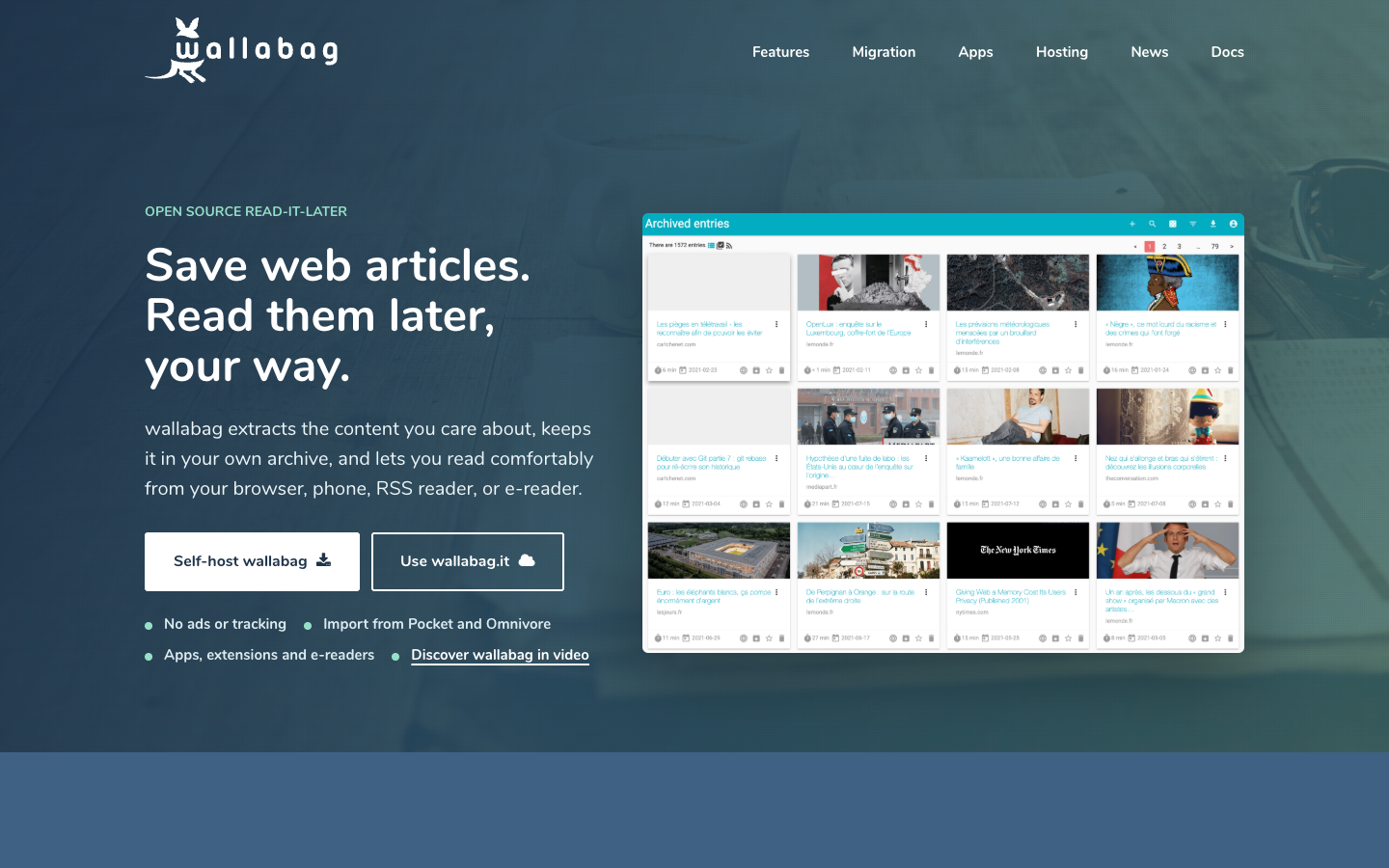 Vue du site officiel de Wallabag