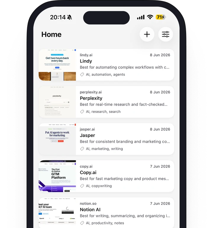 The Marqly iOS app showing a synced bookmark list on an iPhone